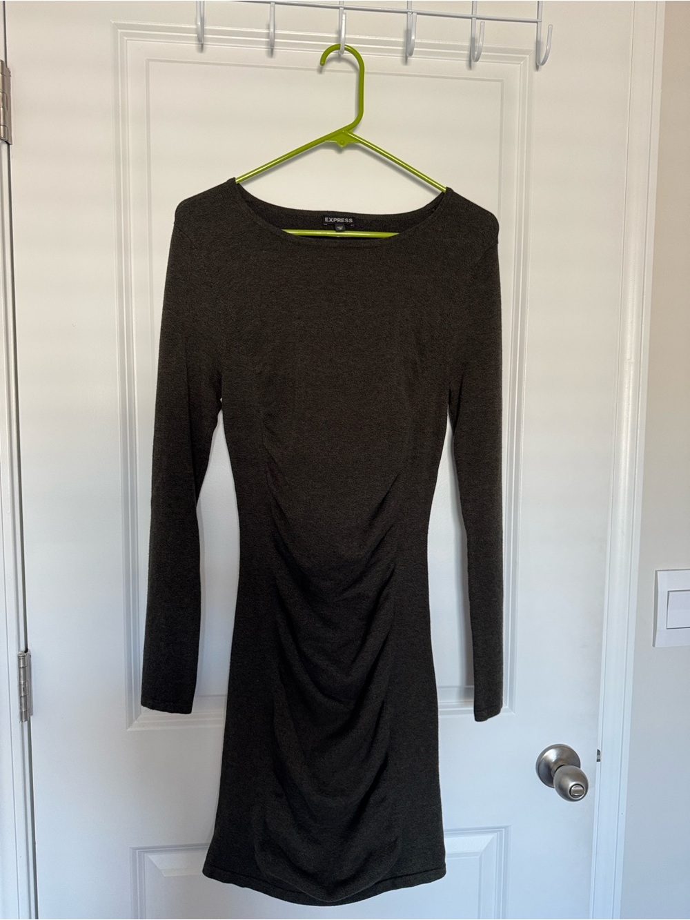 Express Long Sleeve Ruched Bodycon Dress in dark forest green.